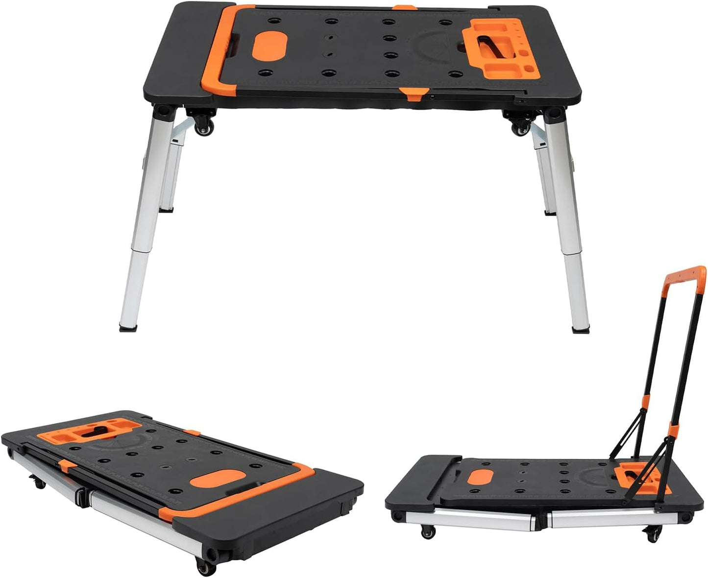 Folding Workbench 551lbs Capacity Adjustable Height Portable Work Table with Wheels, Tray, Sawhorse & Dolly Function