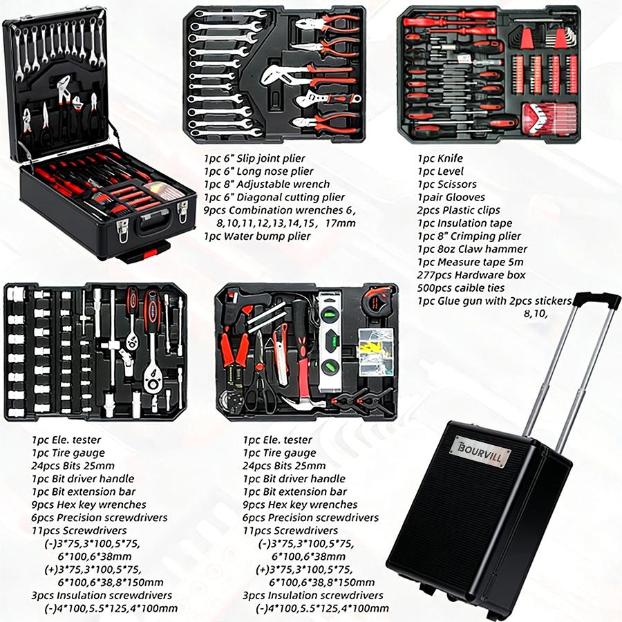 Bourvill 899-Piece Tool Set with Wheeled Metal Cabinet, Portable 4-Tier Storage for Repair & Home Maintenance Gift