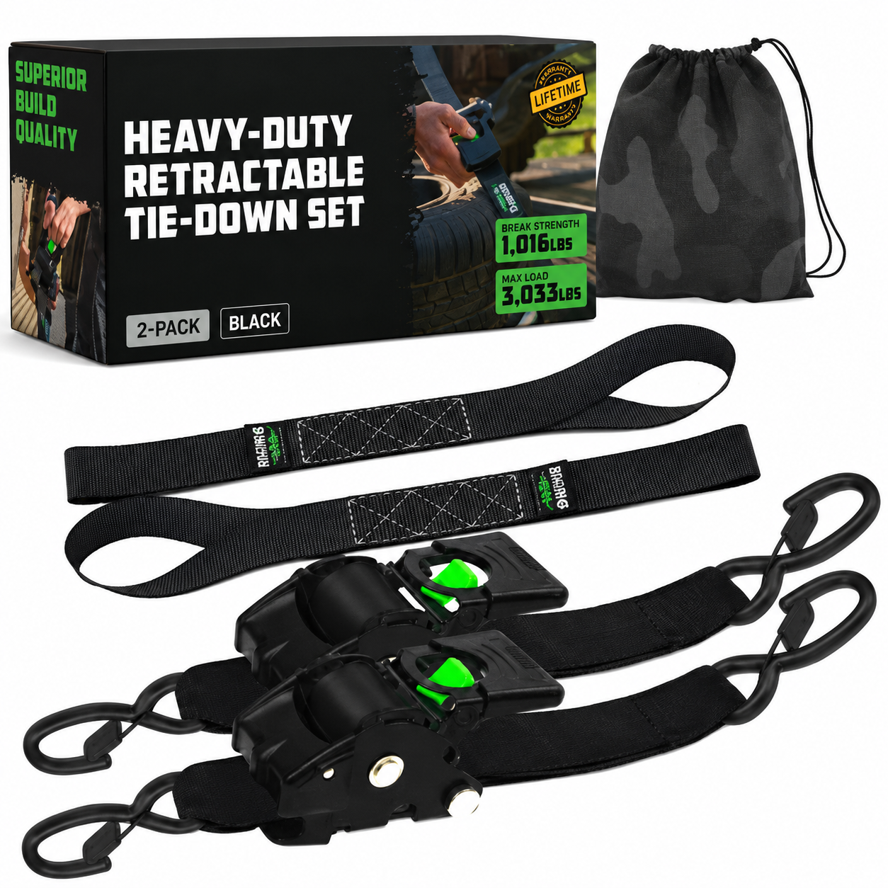 Retractable Ratchet Straps, Self Retracting Tie Downs for Trucks, Trailers & Cargo