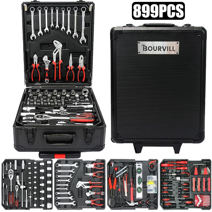 Bourvill 899-Piece Tool Set with Wheeled Metal Cabinet, Portable 4-Tier Storage for Repair & Home Maintenance Gift