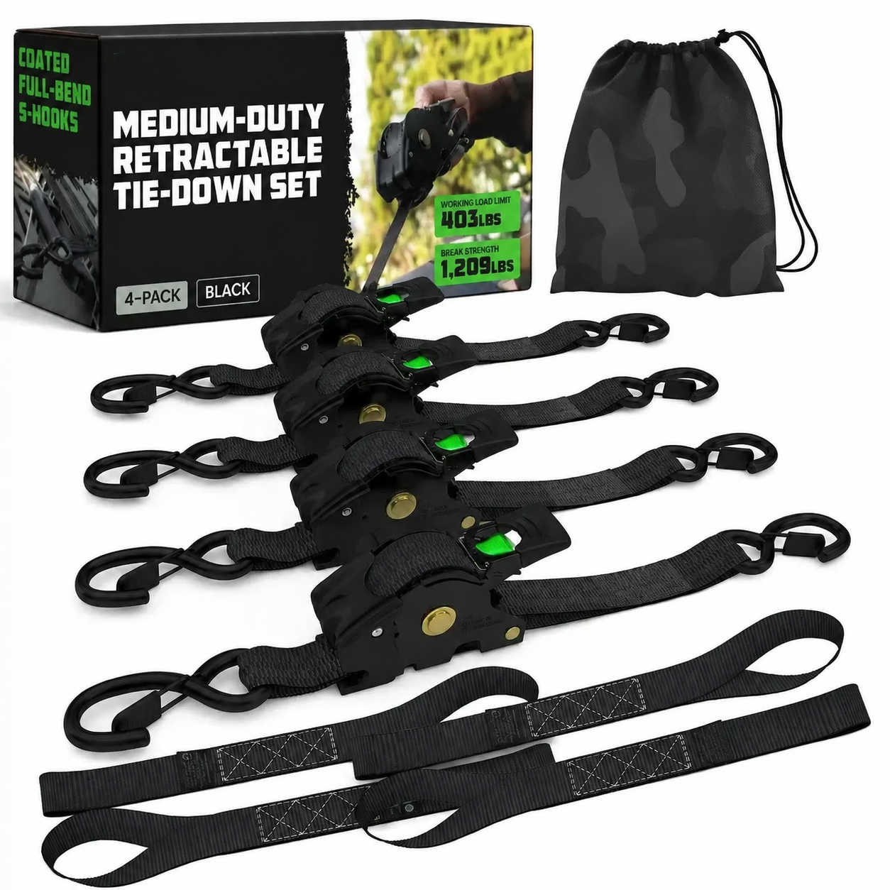 Retractable Ratchet Straps, Self Retracting Tie Downs for Trucks, Trailers & Cargo