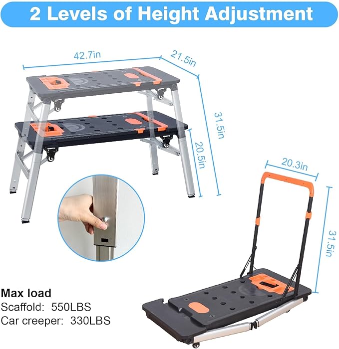 Folding Workbench 551lbs Capacity Adjustable Height Portable Work Table with Wheels, Tray, Sawhorse & Dolly Function