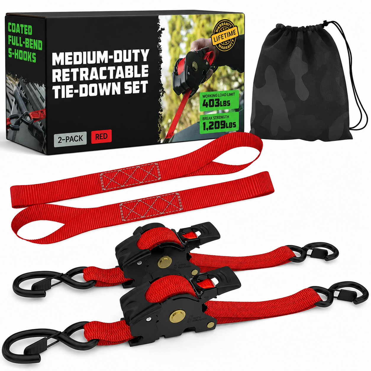 Retractable Ratchet Straps, Self Retracting Tie Downs for Trucks, Trailers & Cargo