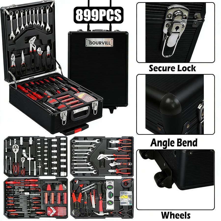 Bourvill 899-Piece Tool Set with Wheeled Metal Cabinet, Portable 4-Tier Storage for Repair & Home Maintenance Gift