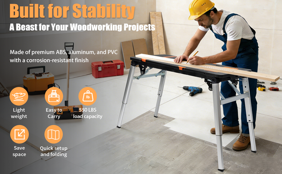 Folding Workbench 551lbs Capacity Adjustable Height Portable Work Table with Wheels, Tray, Sawhorse & Dolly Function