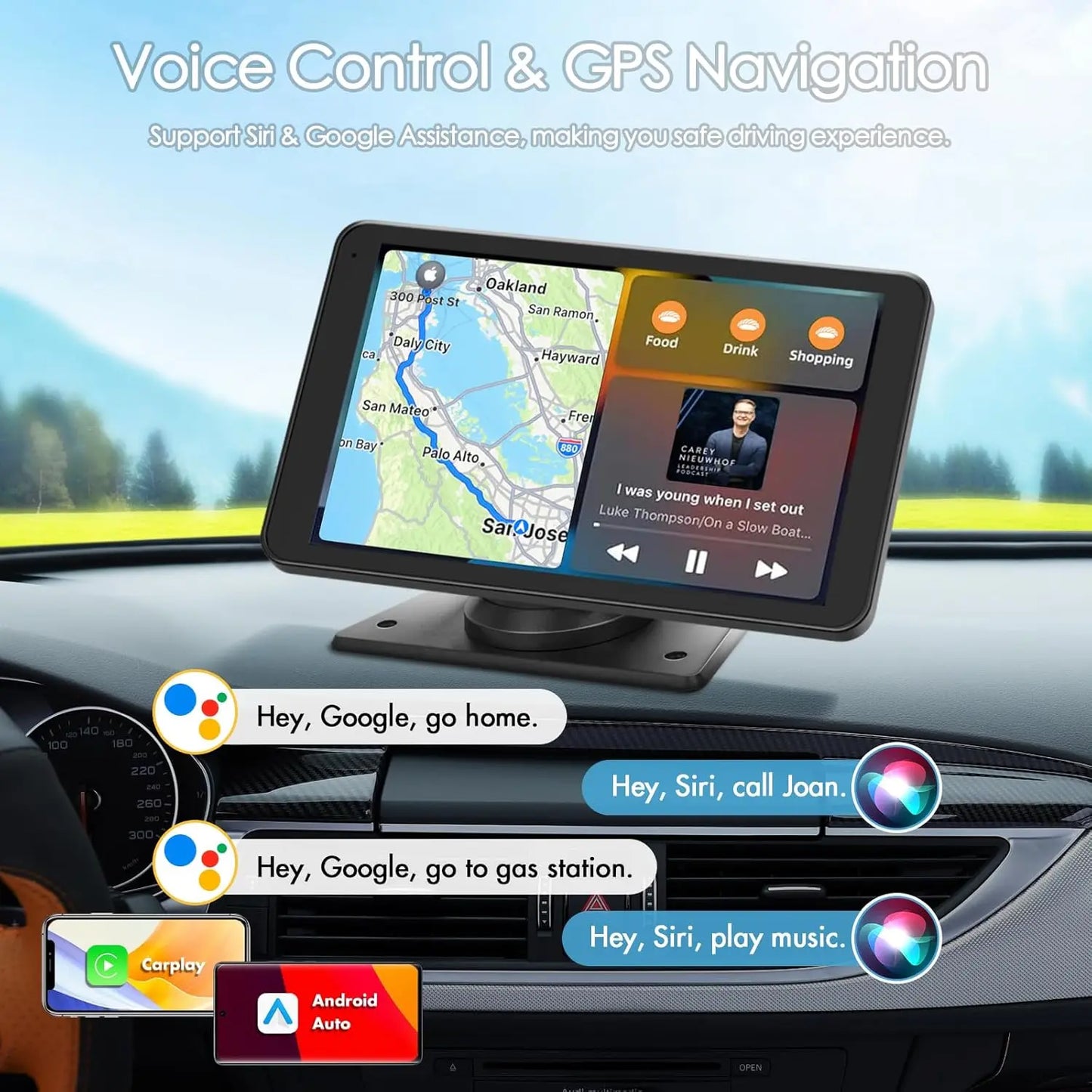 7" Wireless CarPlay Screen with Android Auto, Backup Camera, Bluetooth & Voice Control