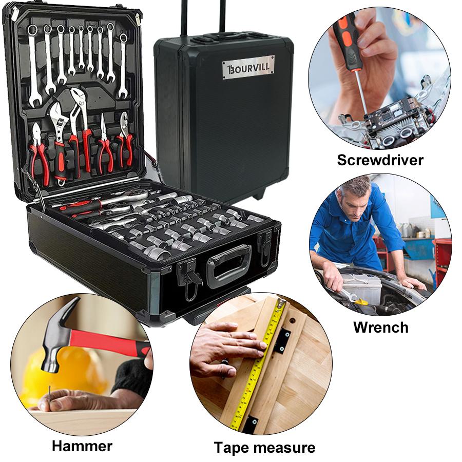 Bourvill 899-Piece Tool Set with Wheeled Metal Cabinet, Portable 4-Tier Storage for Repair & Home Maintenance Gift