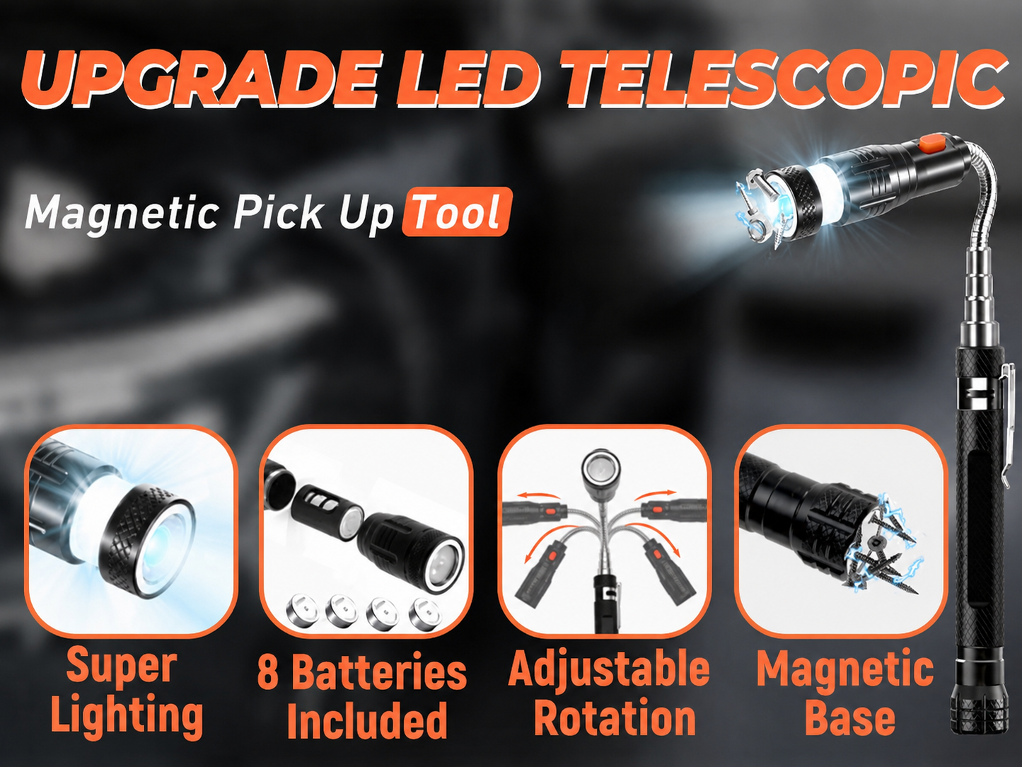 Magnetic Pickup Tool with LED Flashlight, Father's Day Gift for Dad, Husband & Men