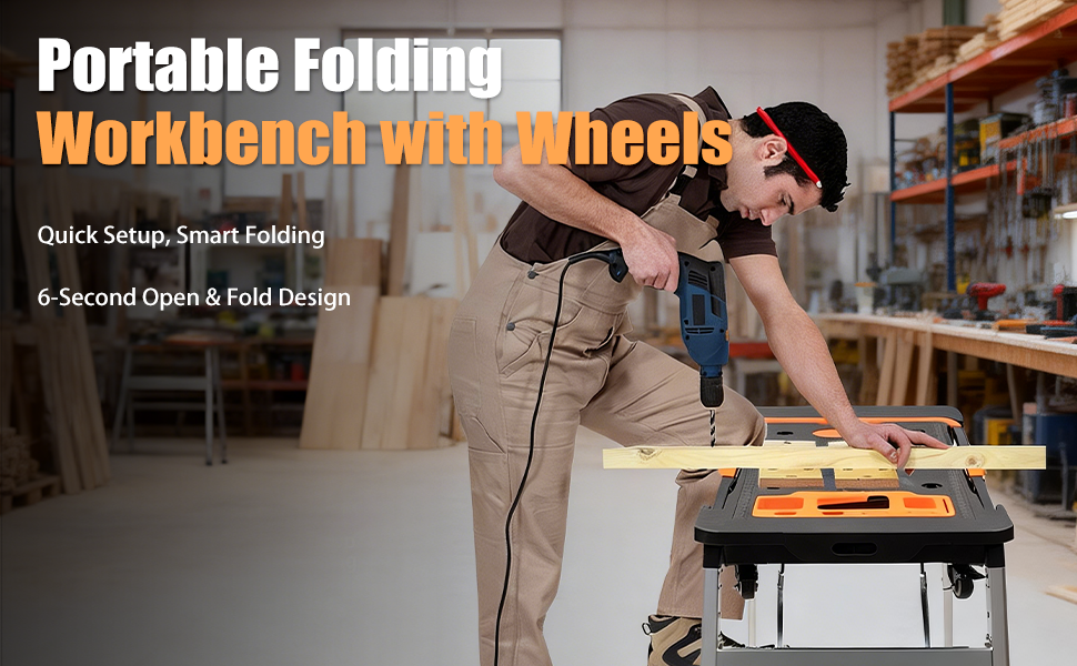 Folding Workbench 551lbs Capacity Adjustable Height Portable Work Table with Wheels, Tray, Sawhorse & Dolly Function