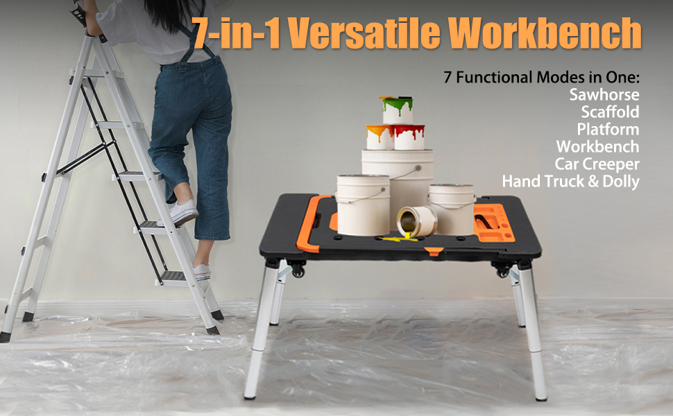 Folding Workbench 551lbs Capacity Adjustable Height Portable Work Table with Wheels, Tray, Sawhorse & Dolly Function