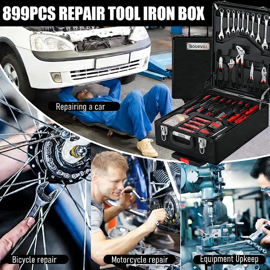 Bourvill 899-Piece Tool Set with Wheeled Metal Cabinet, Portable 4-Tier Storage for Repair & Home Maintenance Gift