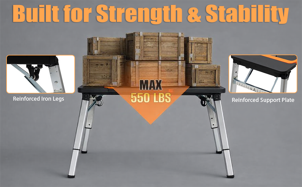 Folding Workbench 551lbs Capacity Adjustable Height Portable Work Table with Wheels, Tray, Sawhorse & Dolly Function