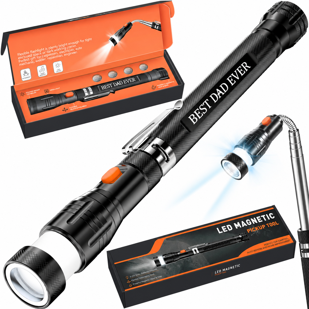 Magnetic Pickup Tool with LED Flashlight, Father's Day Gift for Dad, Husband & Men