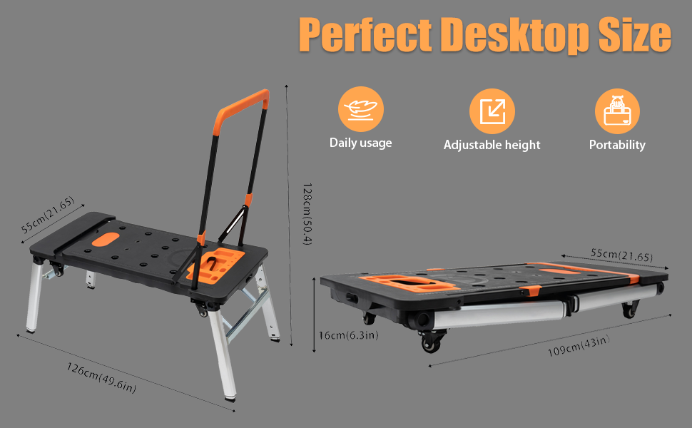 Folding Workbench 551lbs Capacity Adjustable Height Portable Work Table with Wheels, Tray, Sawhorse & Dolly Function
