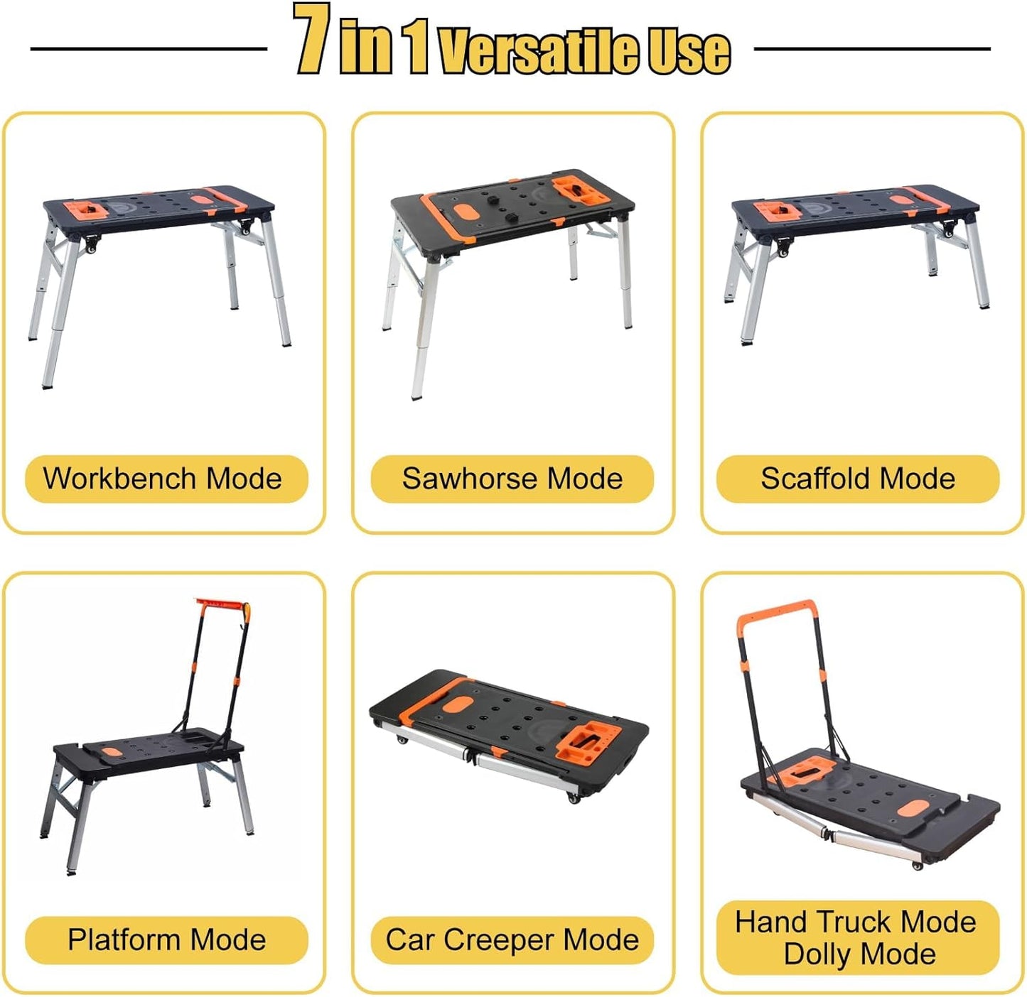 Folding Workbench 551lbs Capacity Adjustable Height Portable Work Table with Wheels, Tray, Sawhorse & Dolly Function