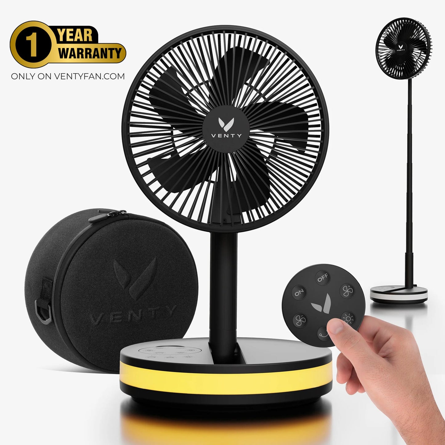 Black Venty fan with carrying case and remote control on a white background