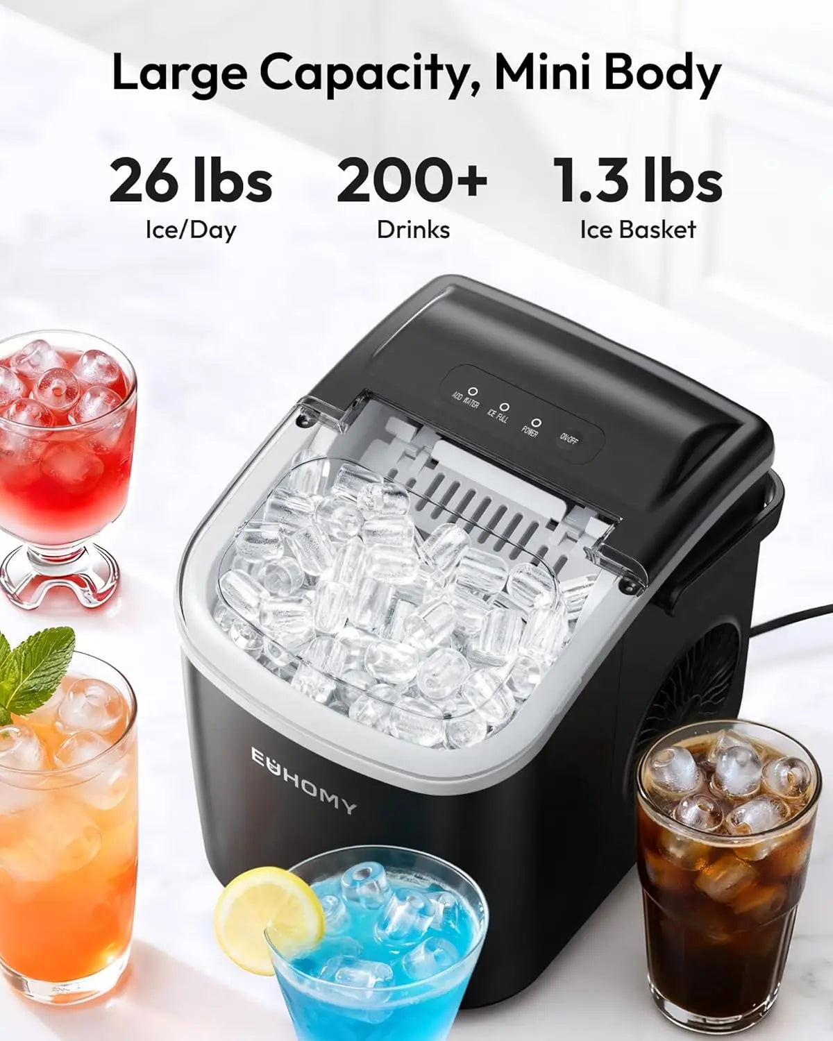 26Lbs 24H Portable Countertop Ice Maker with Handle, Auto-Clean for Home RV Camping