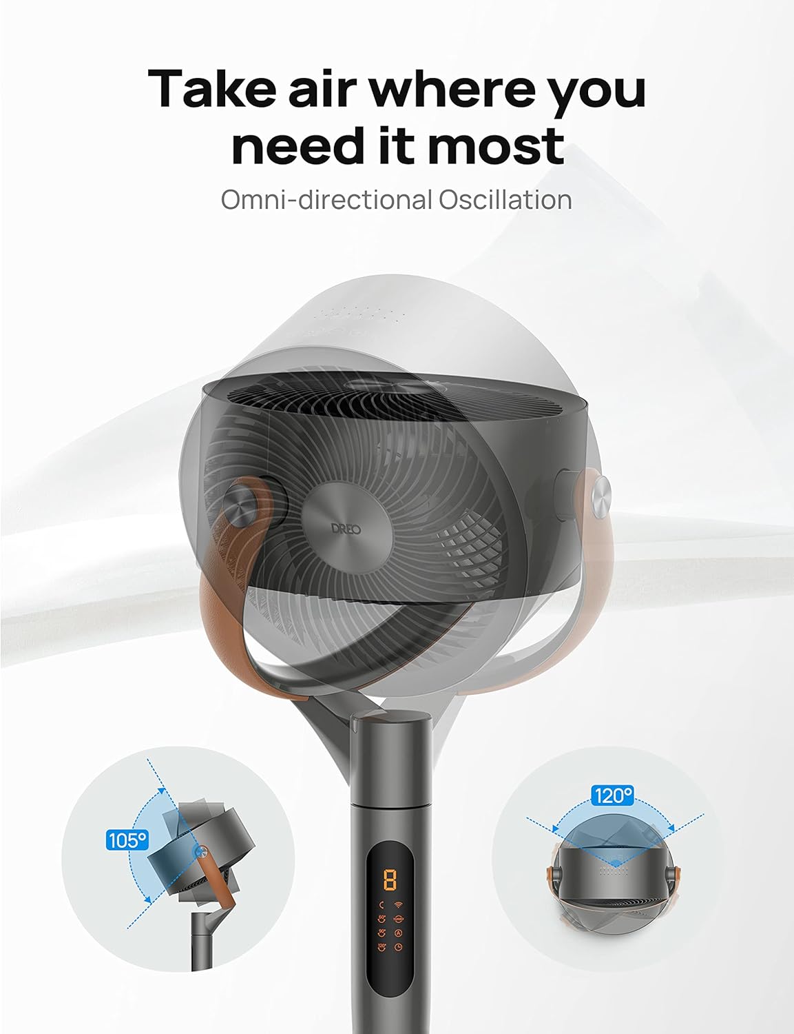 DREO Smart Fan for Bedroom, 120°+105° Omni-directional Oscillating Standing Fans with Remote, 100ft Quiet Floor Fan for Room, Wi-Fi/Voice/Alexa