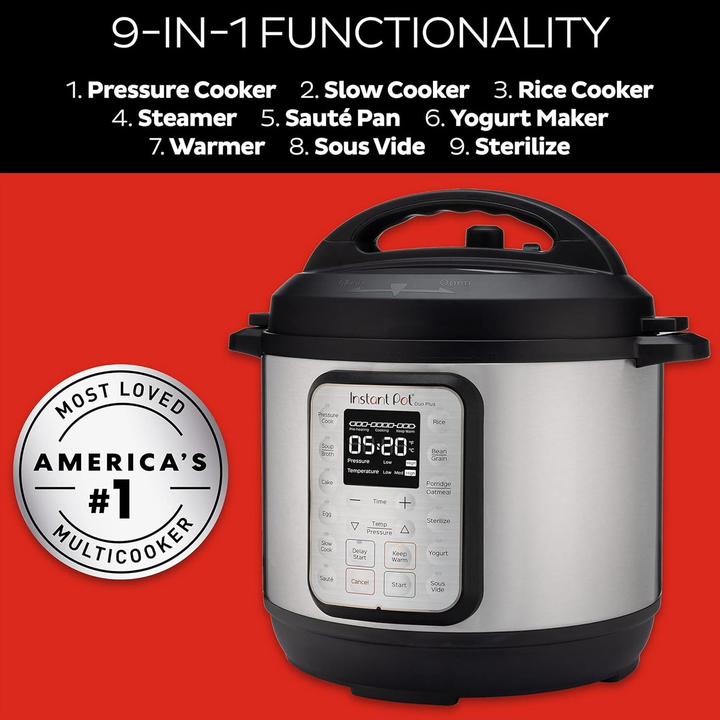 Instant Pot Duo Plus 9-in-1 Multicooker, Pressure Cooker, Slow Cook, Rice Maker, Steamer, Sauté, Yogurt, Warmer & Sterilizer, Includes App with Over 800 Recipes, Stainless Steel, 6 Quarts