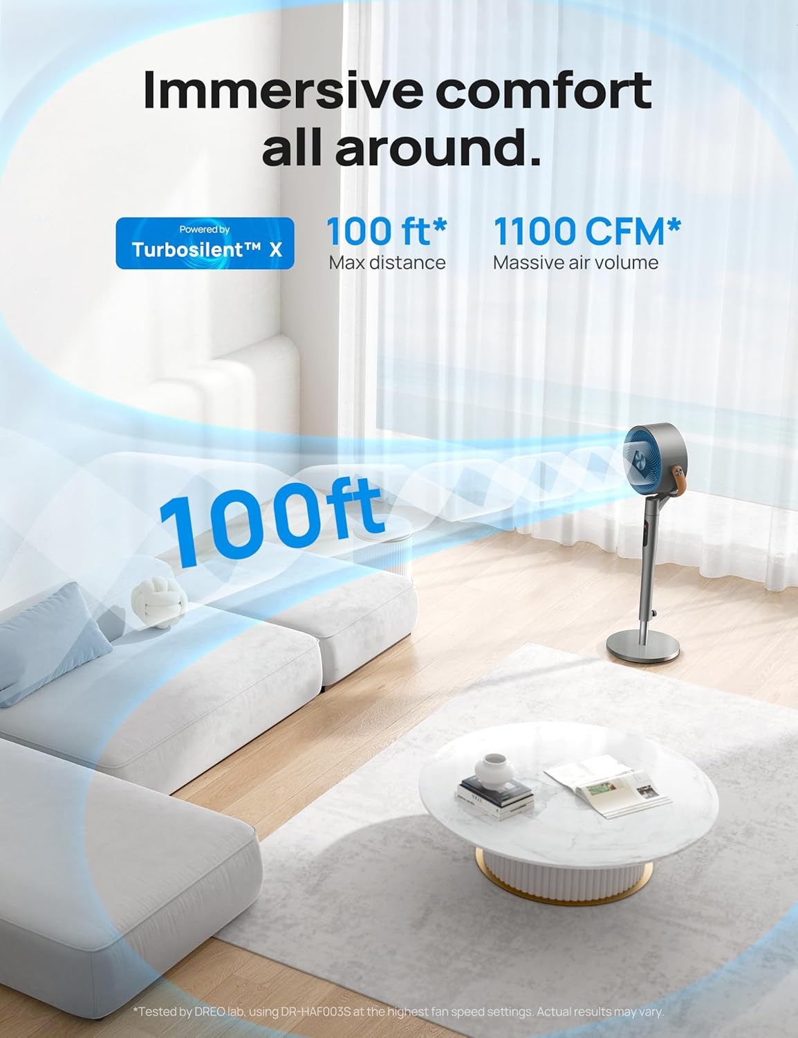 DREO Smart Fan for Bedroom, 120°+105° Omni-directional Oscillating Standing Fans with Remote, 100ft Quiet Floor Fan for Room, Wi-Fi/Voice/Alexa