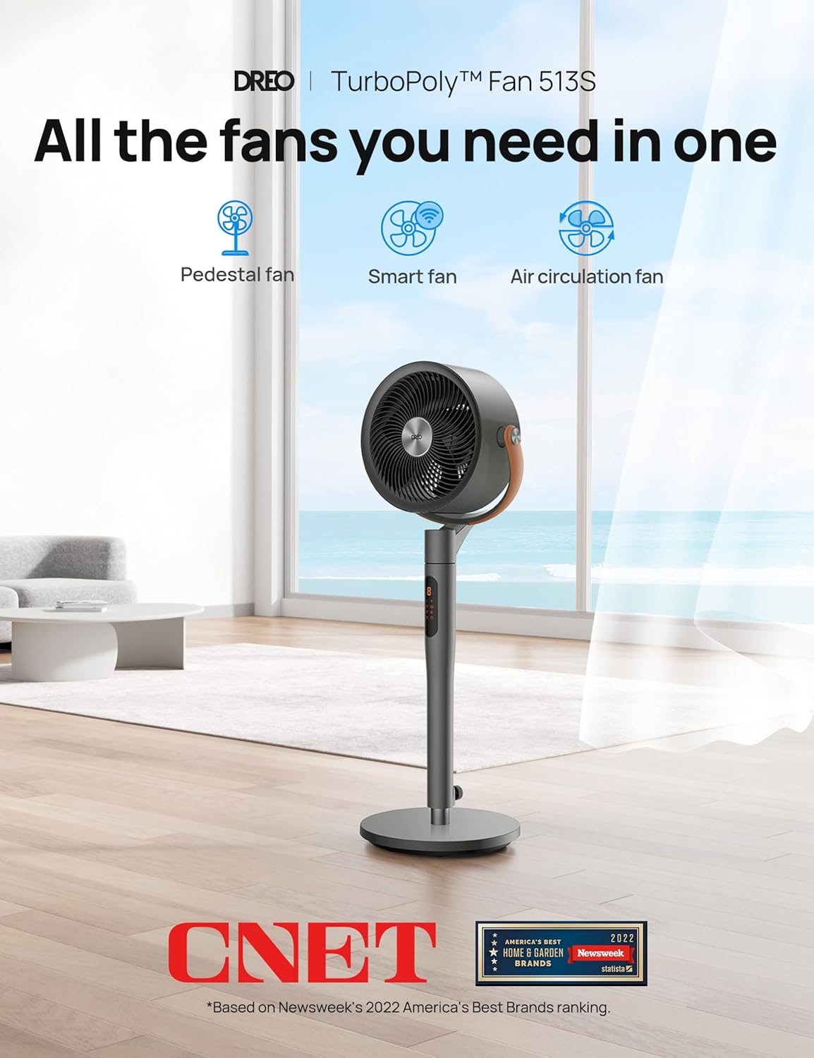DREO Smart Fan for Bedroom, 120°+105° Omni-directional Oscillating Standing Fans with Remote, 100ft Quiet Floor Fan for Room, Wi-Fi/Voice/Alexa