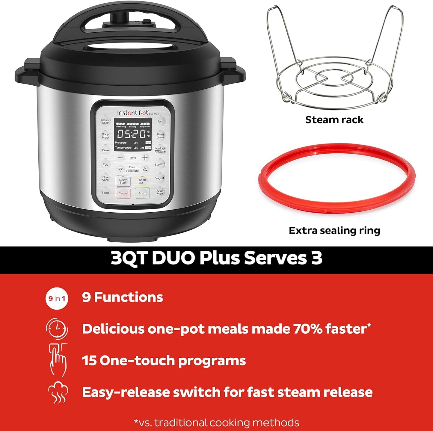 Instant Pot Duo Plus 9-in-1 Multicooker, Pressure Cooker, Slow Cook, Rice Maker, Steamer, Sauté, Yogurt, Warmer & Sterilizer, Includes App with Over 800 Recipes, Stainless Steel, 6 Quarts