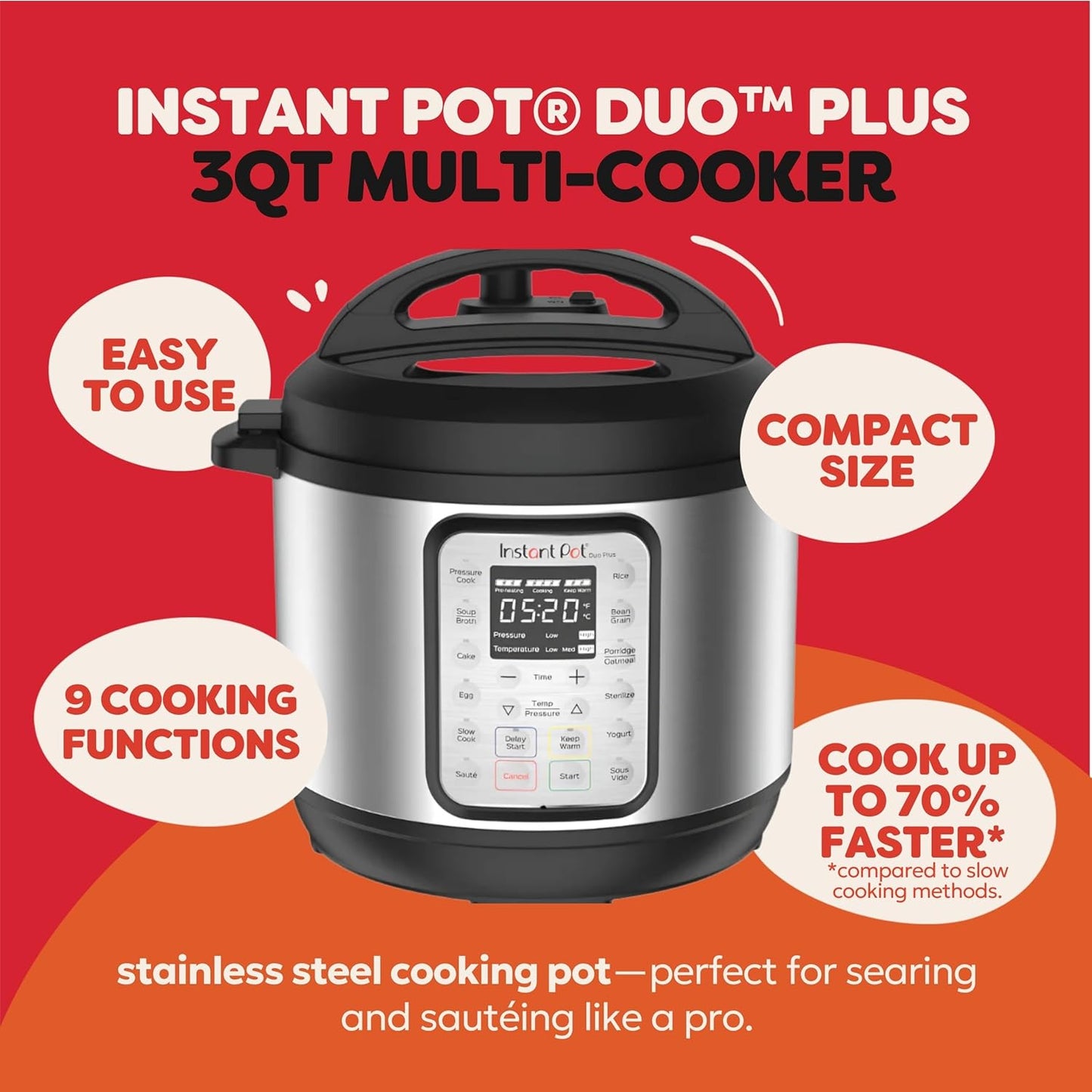 Instant Pot Duo Plus 9-in-1 Multicooker, Pressure Cooker, Slow Cook, Rice Maker, Steamer, Sauté, Yogurt, Warmer & Sterilizer, Includes App with Over 800 Recipes, Stainless Steel, 6 Quarts