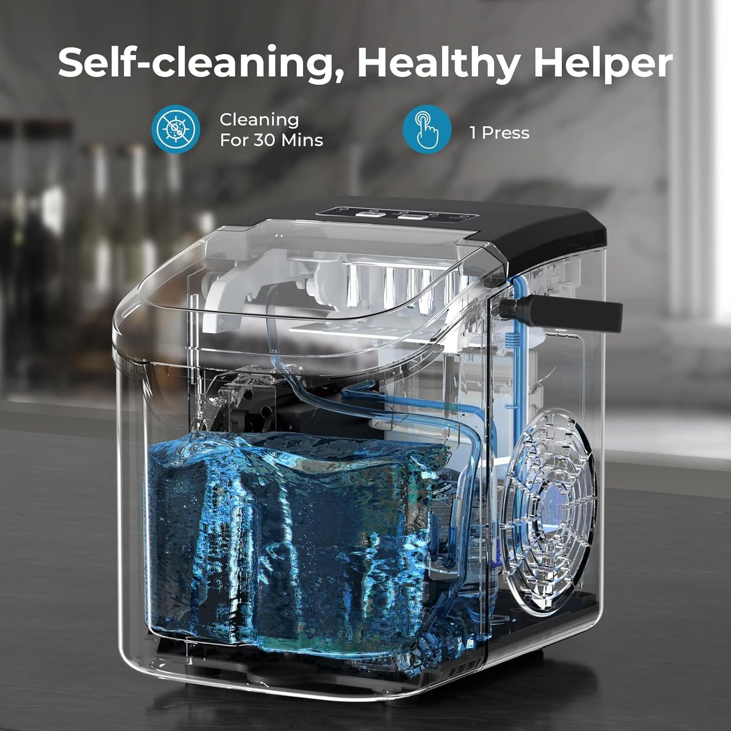 KISMILE Ice Makers Countertop with Handle,26.5Lbs/24H,9 Cubes in 6 Mins,2 Sizes of Bullet Ice,Portable Machine with Self-Cleaning,Perfect for Home Kitchen(Black)
