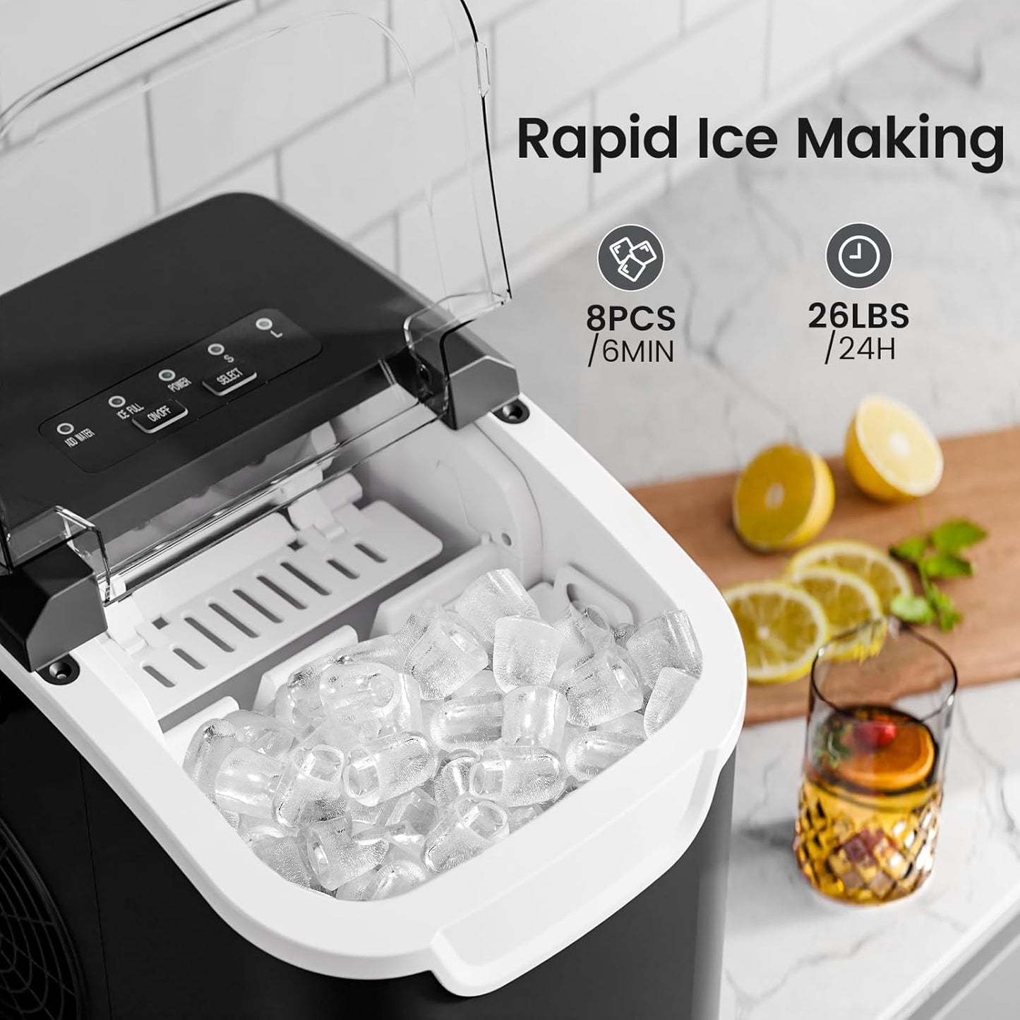 Kismile Ice Makers Countertop with Handle,8 Cubes in 6 Mins,Portable Ice Machine with Self-Cleaning for Home 58012RIM0