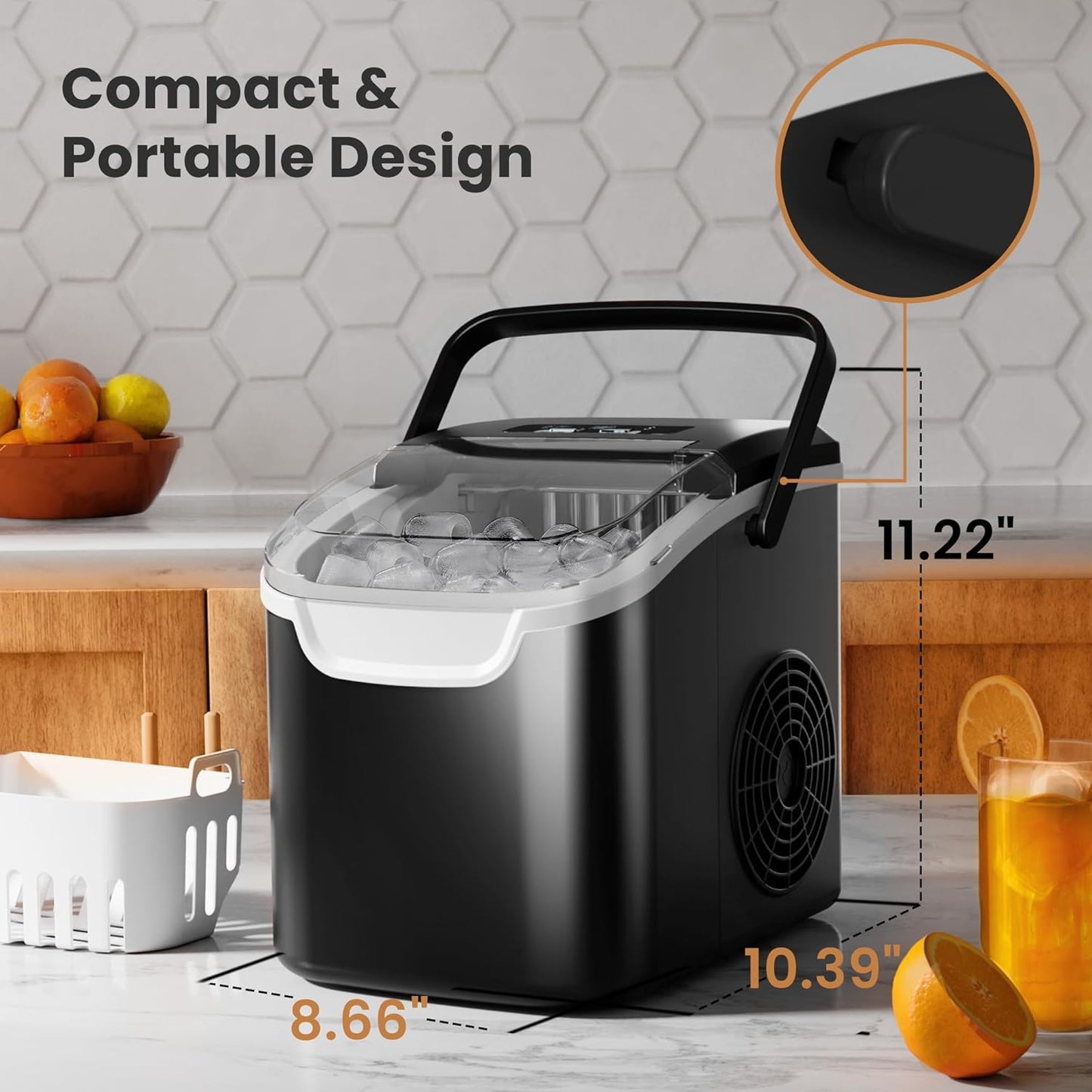 Kismile Ice Makers Countertop with Handle,8 Cubes in 6 Mins,Portable Ice Machine with Self-Cleaning for Home 58012RIM0